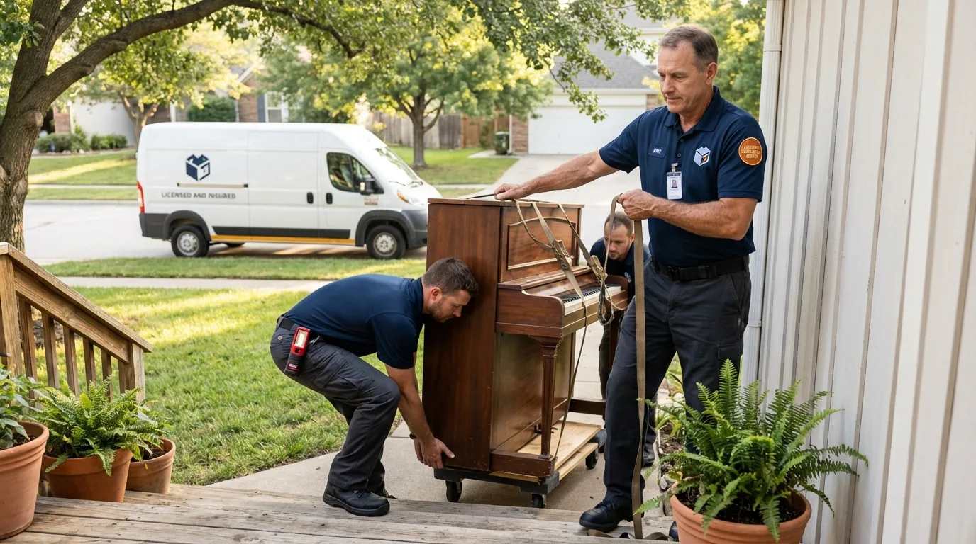 Licensed piano movers securing grand piano in Bethel, ME