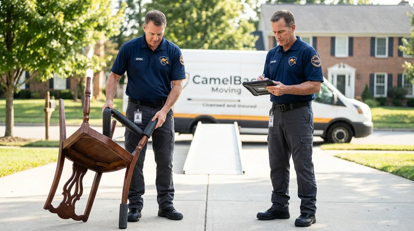 Movers inspecting furniture for damage prevention before loading in Bethel, ME