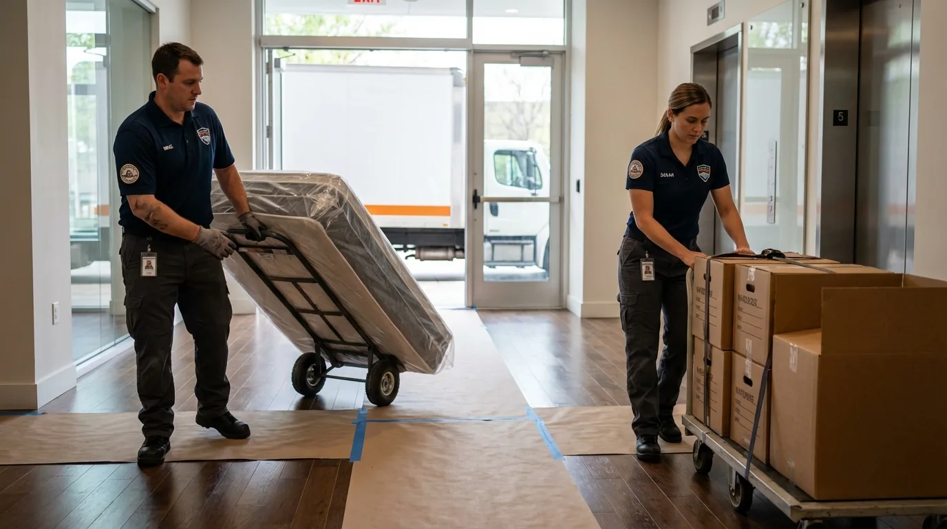 Professional apartment movers loading elevator in Bethel, ME