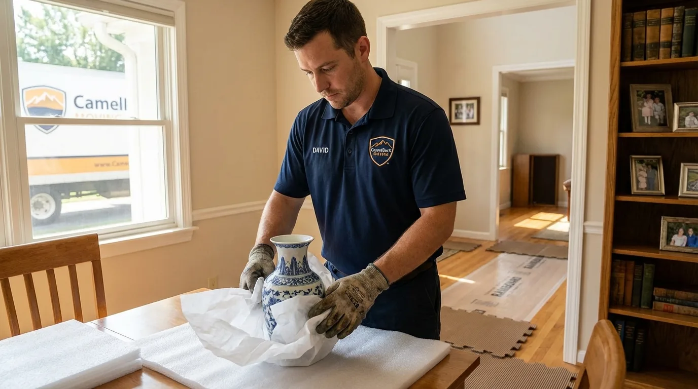 Professional crew carefully wrapping antique vase for senior downsizing move in Bethel, ME