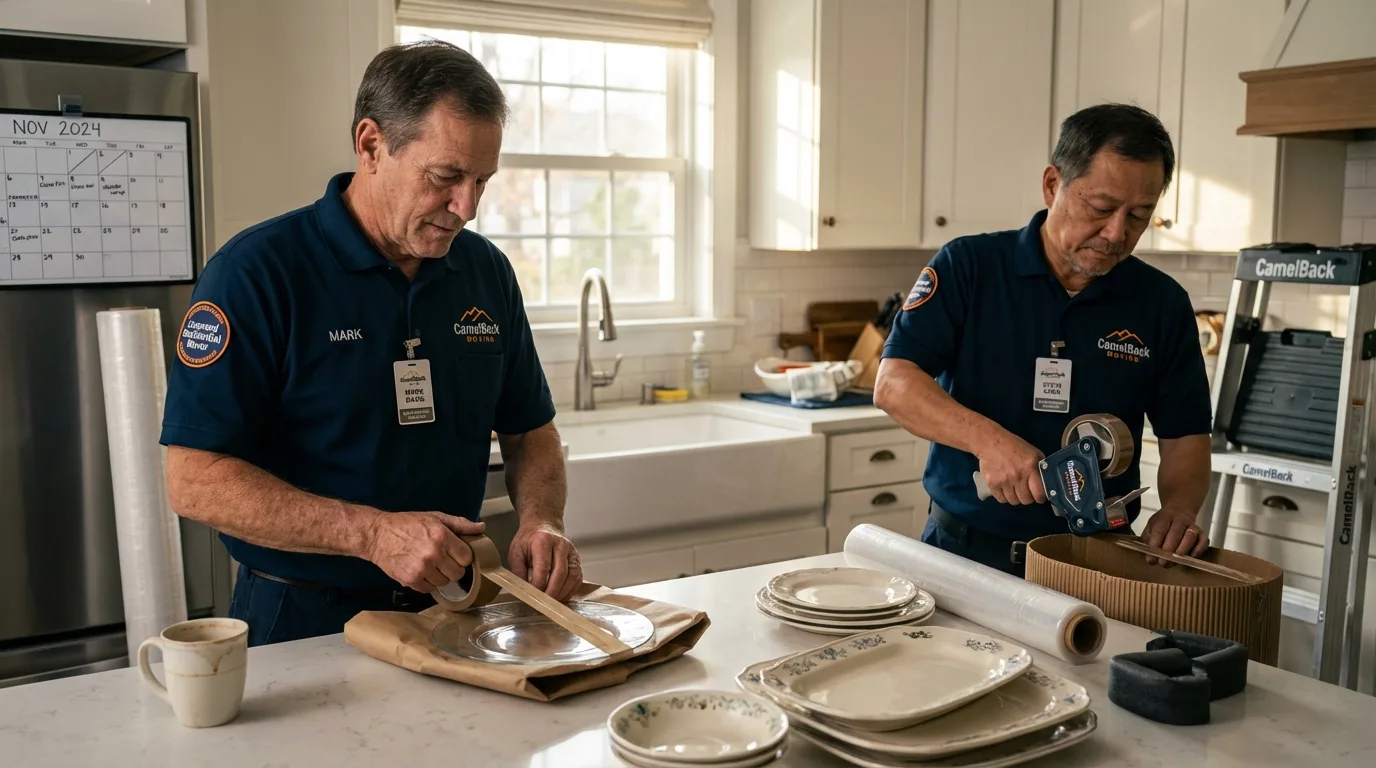 Professional crew packing kitchen dishware in Bethel, ME